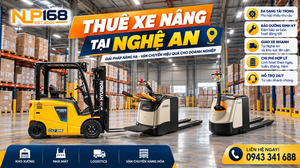 Cho thuê xe nâng tại Nghệ An các loại xe nâng dầu xe nâng pallet